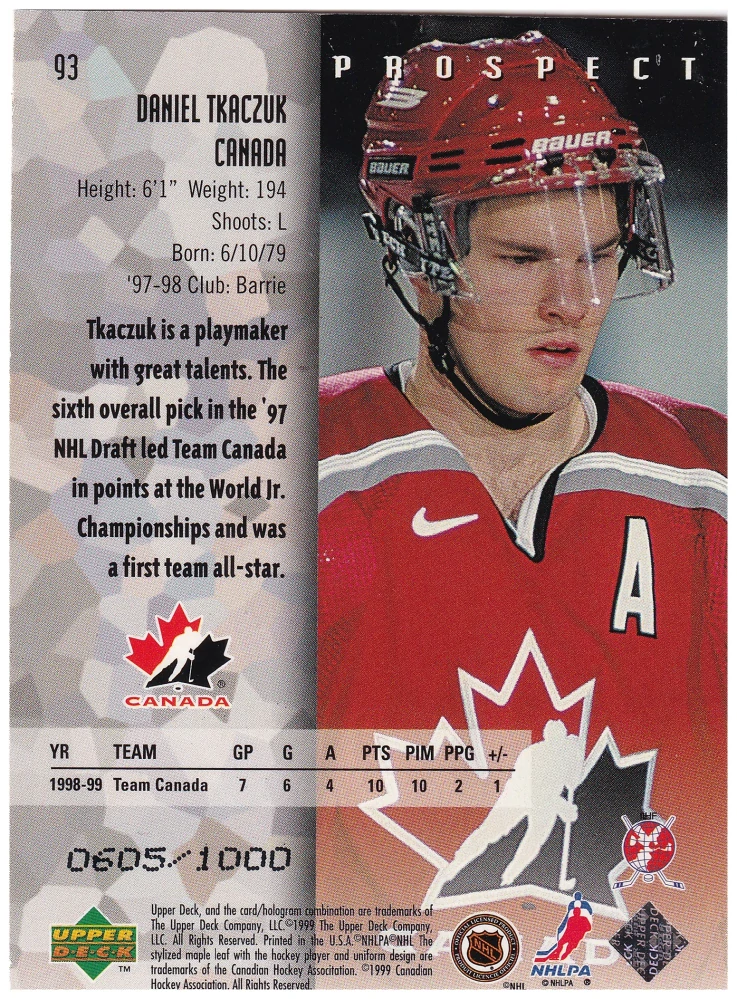 1998-99 UD Black Diamond - Daniel Tkaczuk - Prospect Triple Diamond /1000 #93