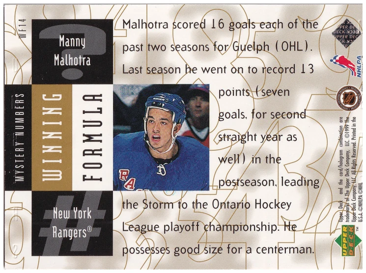 1998-99 UD Black Diamond - Manny Malhotra - Winning Formula Gold /800 #WF14