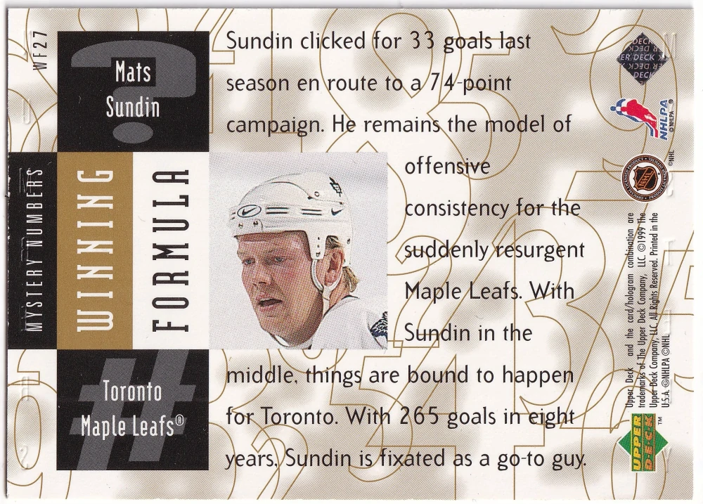 1998-99 UD Black Diamond - Mats Sundin - Winning Formula Gold /1650 #WF27