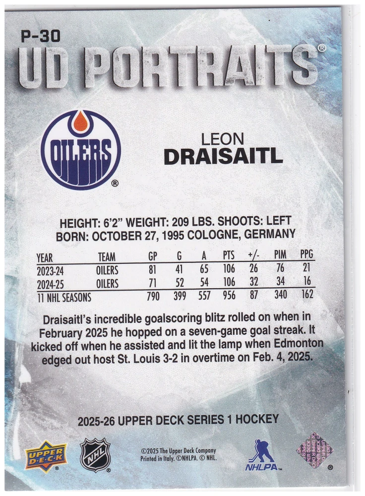 2025-26 UD Series 1 - Leon Draisaitl - UD Portraits #P-30