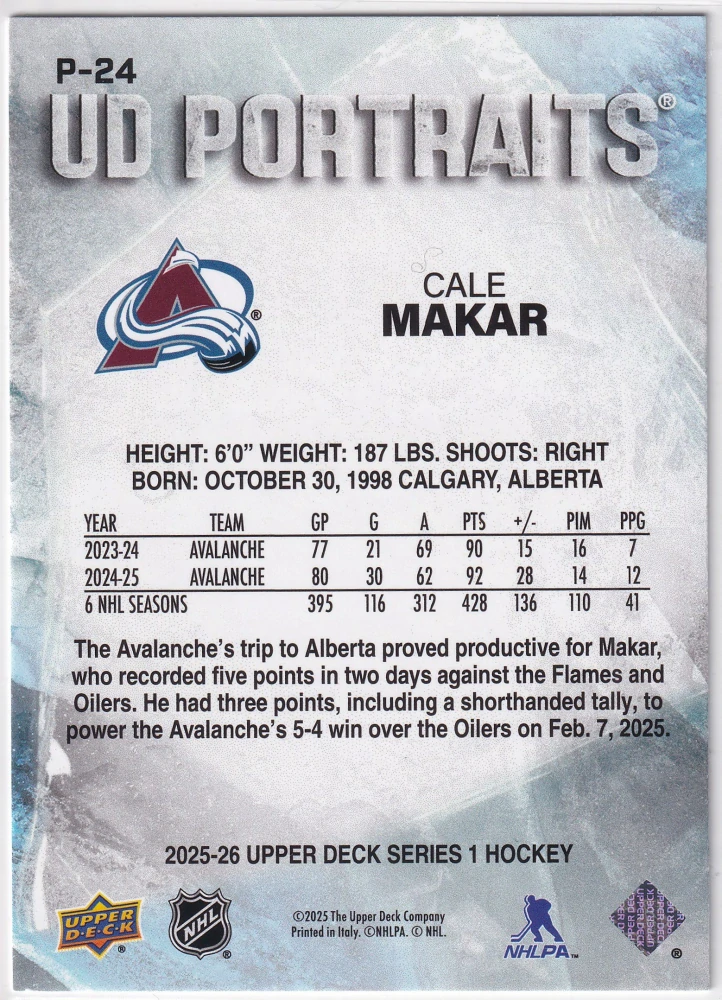 2025-26 UD Series 1 - Cale Makar - UD Portraits #P-24