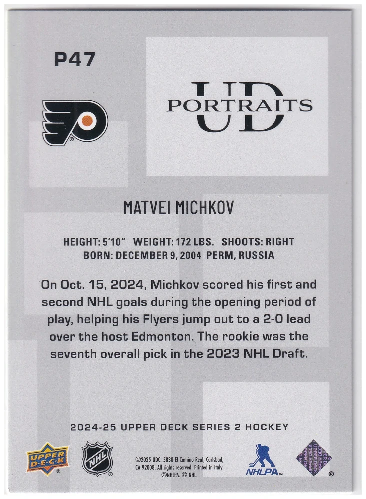 2024-25 UD Series 2 - Matvei Michkov - UD Portraits #P47