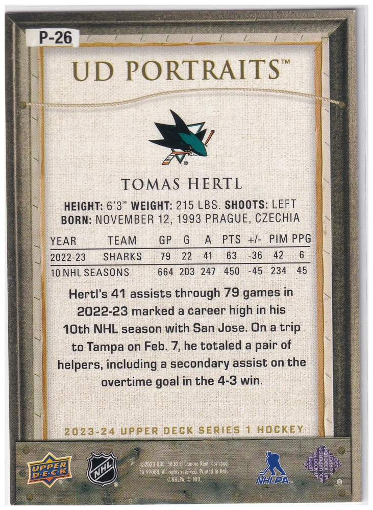 2023-24 UD Series 1 - Tomáš Hertl - UD Portraits #P-26