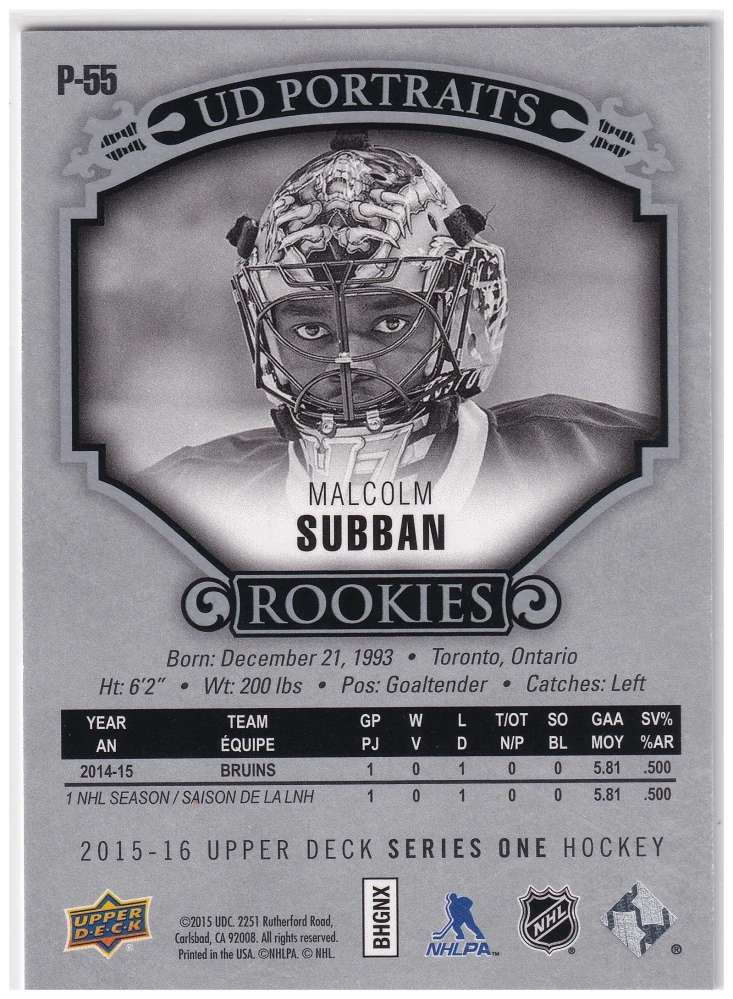 2015-16 UD Series 1 - Malcolm Subban - UD Portraits #P-55