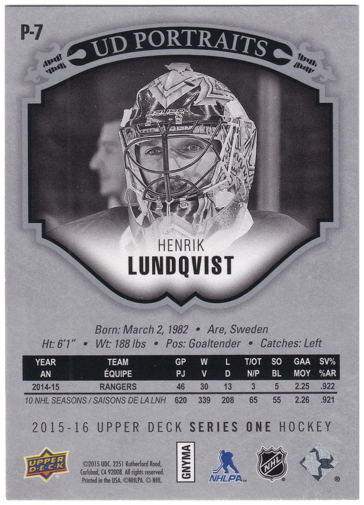 2015-16 UD Series 1 - Henrik Lundqvist - UD Portraits #P-7