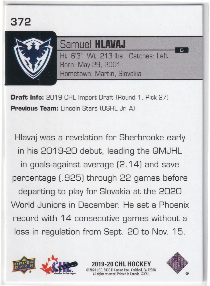 2019-20 UD CHL - Samuel Hlavaj - Star Rookie #372