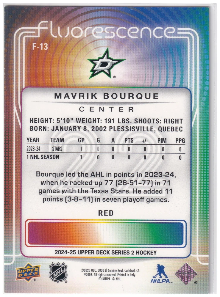 2024-25 UD Series 2 - Mavrik Bourque - Fluorescence Red #F-13