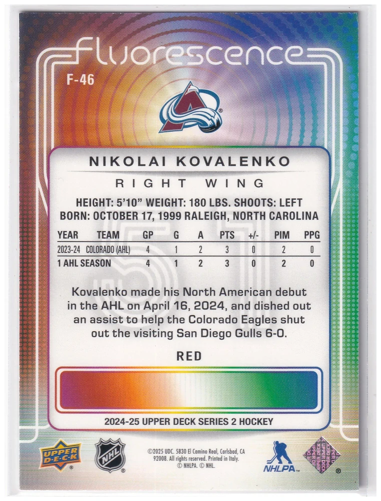 2024-25 UD Series 2 - Nikolai Kovalenko - Fluorescence Red #F-46