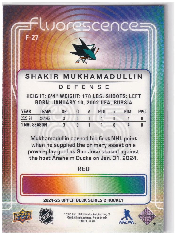 2024-25 UD Series 2 - Shakir Mukhamadullin - Fluorescence Red #F-27