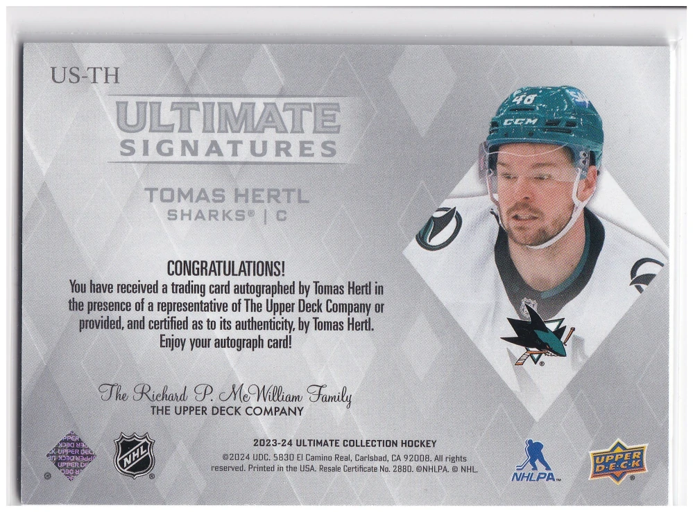 2023-24 UD Ultimate Collection - Tomáš Hertl - Ultimate Signatures #US-TH