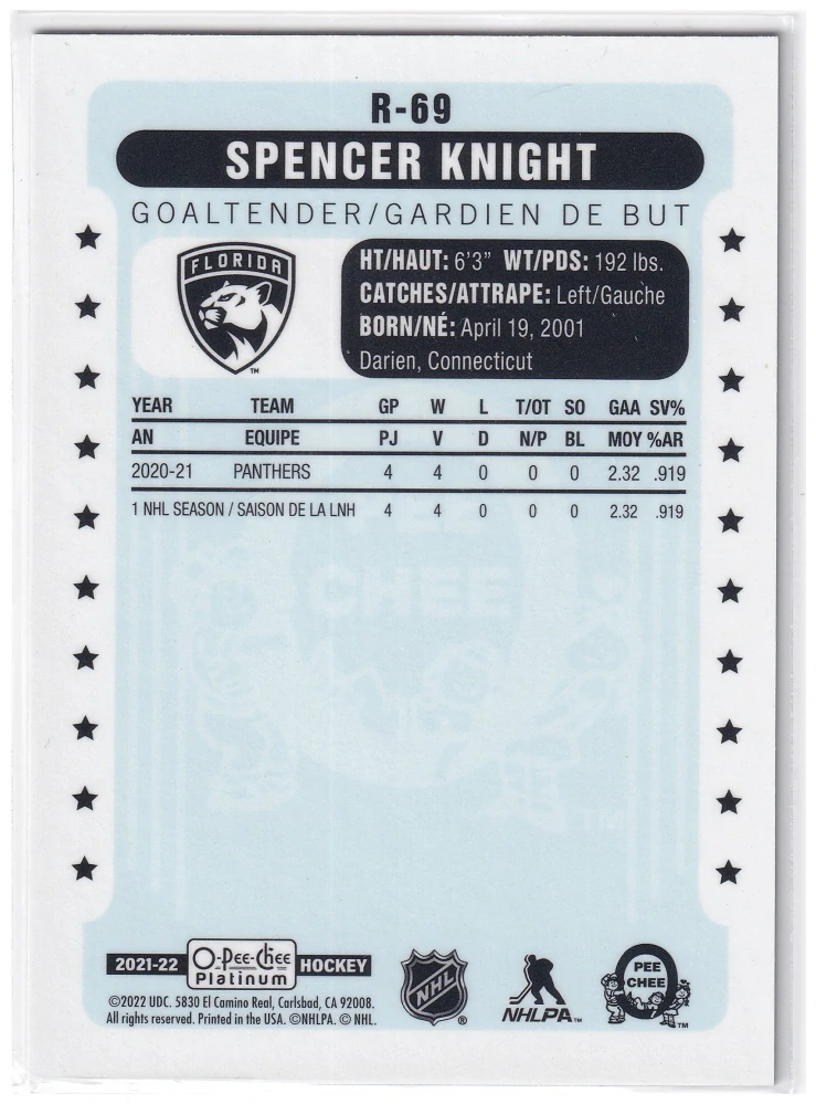 2021-22 UD O-Pee-Chee Platinum - Spencer Knight - Retro #R-58