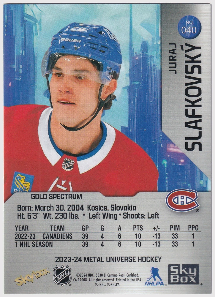 2023-24 UD Skybox Metal Universe - Juraj Slafkovský - Gold Spectrum FX #040