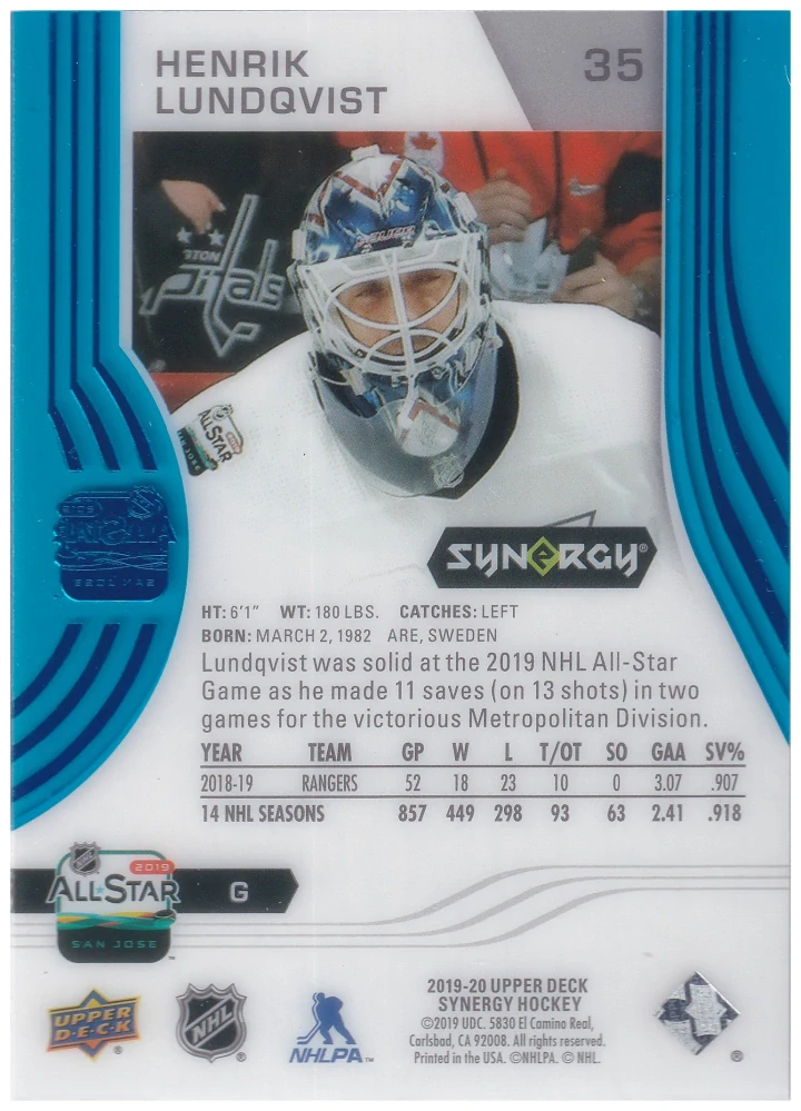 2019-20 UD Synergy - Henrik Lundqvist - Blue #35