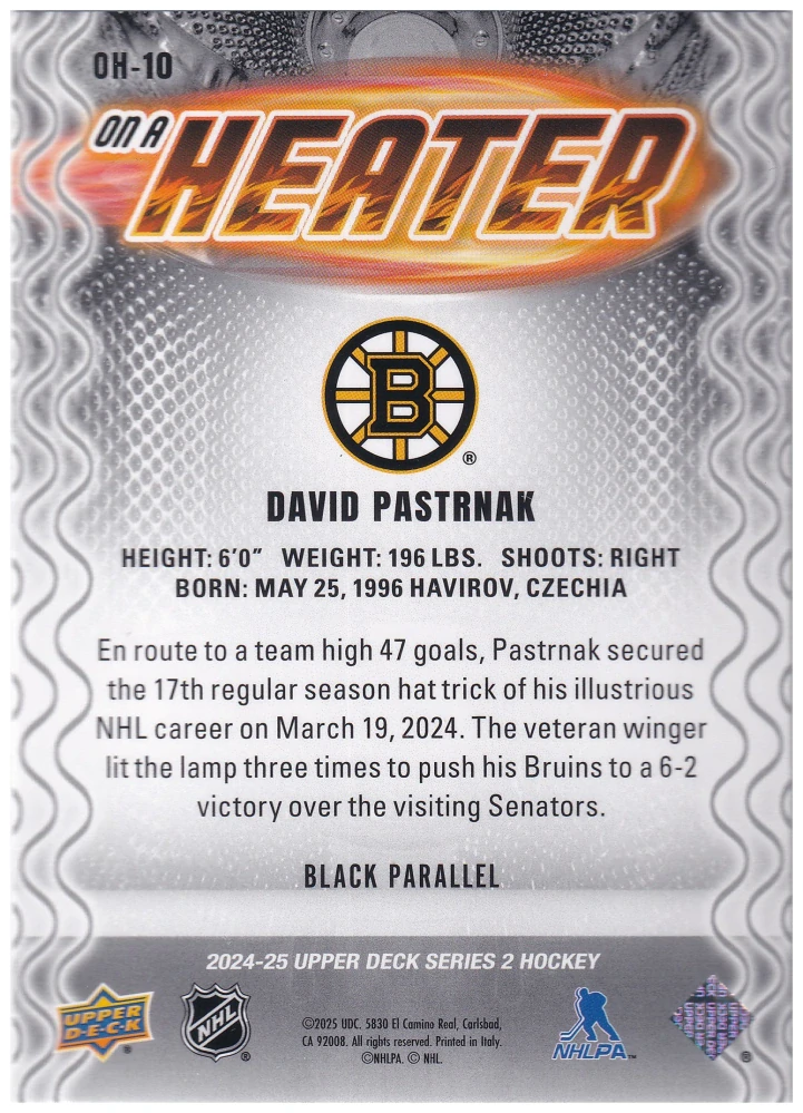 2024-25 UD Series 2 - David Pastrňák - On A Heater Black #OH-10
