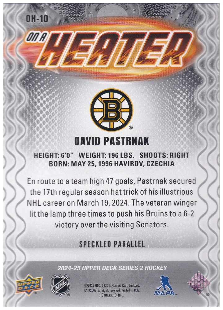 2024-25 UD Series 2 - David Pastrňák - On A Heater Speckled #OH-10
