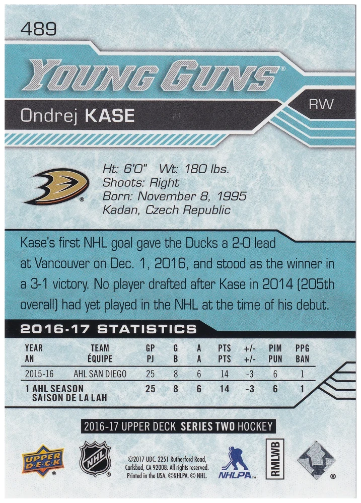 2016-17 UD Series 2 - Ondřej Kaše - Young Guns #489