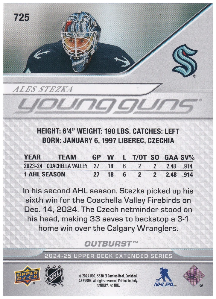 2024-25 UD Extended Series - Aleš Stezka - Young Guns Outburst #725