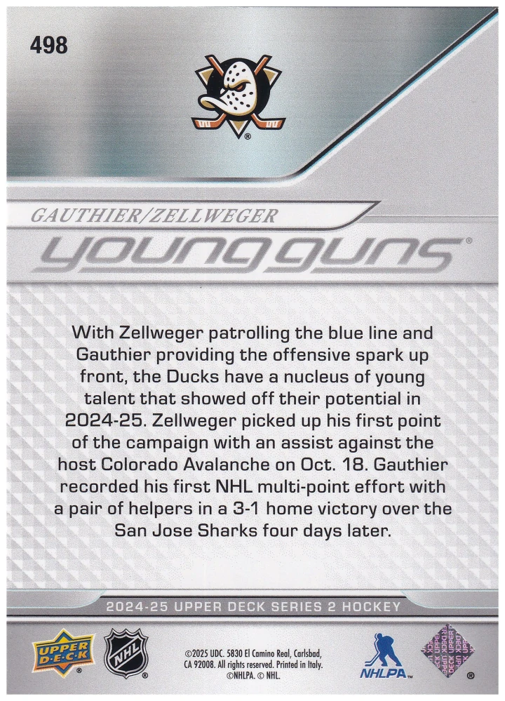 2024-25 UD Series 2 - Cutter Gauthier, Olen Zellweger - Young Guns Teammates #498