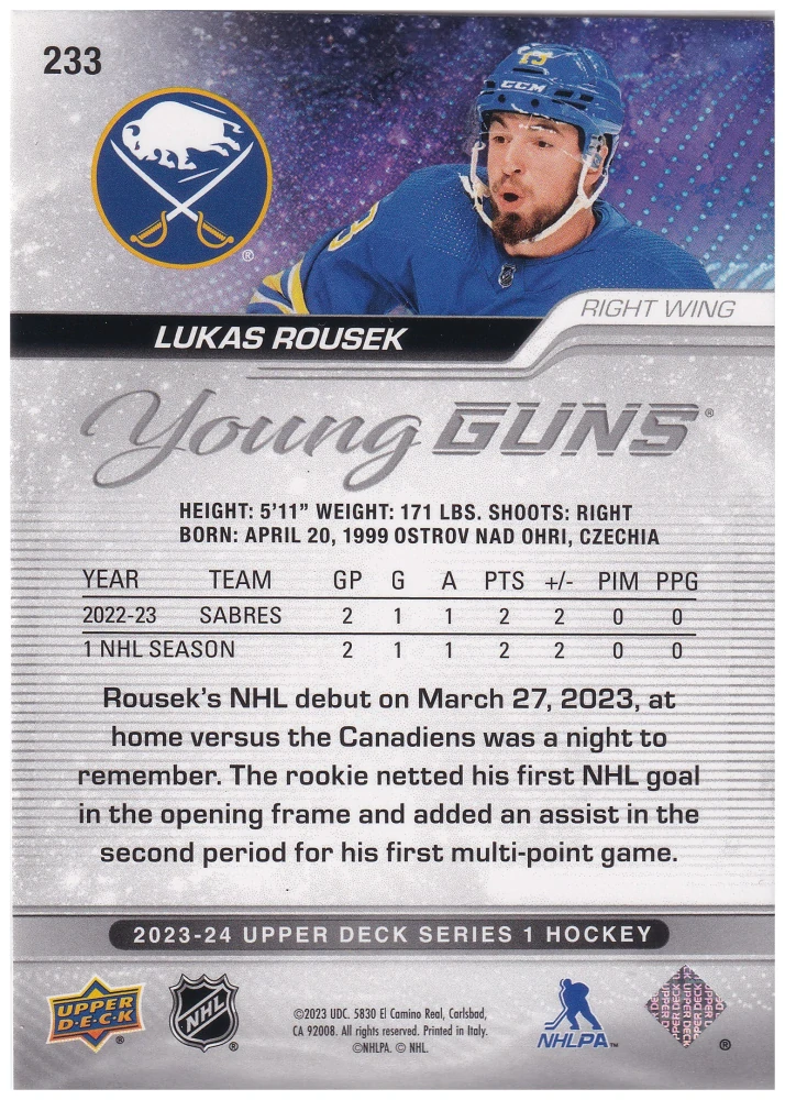 2023-24 UD Series 1 - Lukáš Rousek - Young Guns Outburst #233