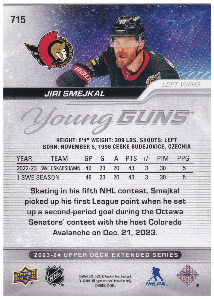 2023-24 UD Series 1 - Jiří Smejkal - Young Guns Outburst #715