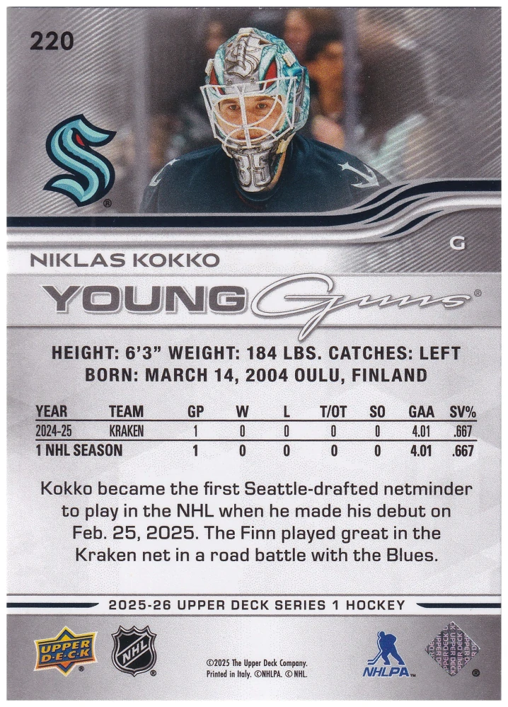 2025-26 UD Series 1 - Niklas Kokko - Young Guns #220