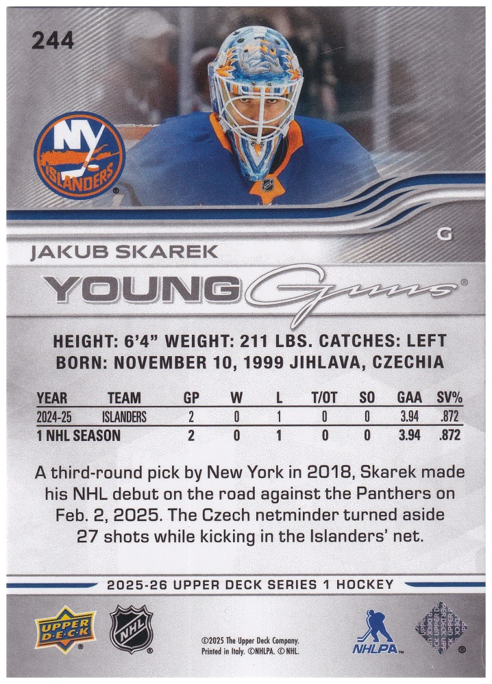 2025-26 UD Series 1 - Jakub Škarek - Young Guns #244