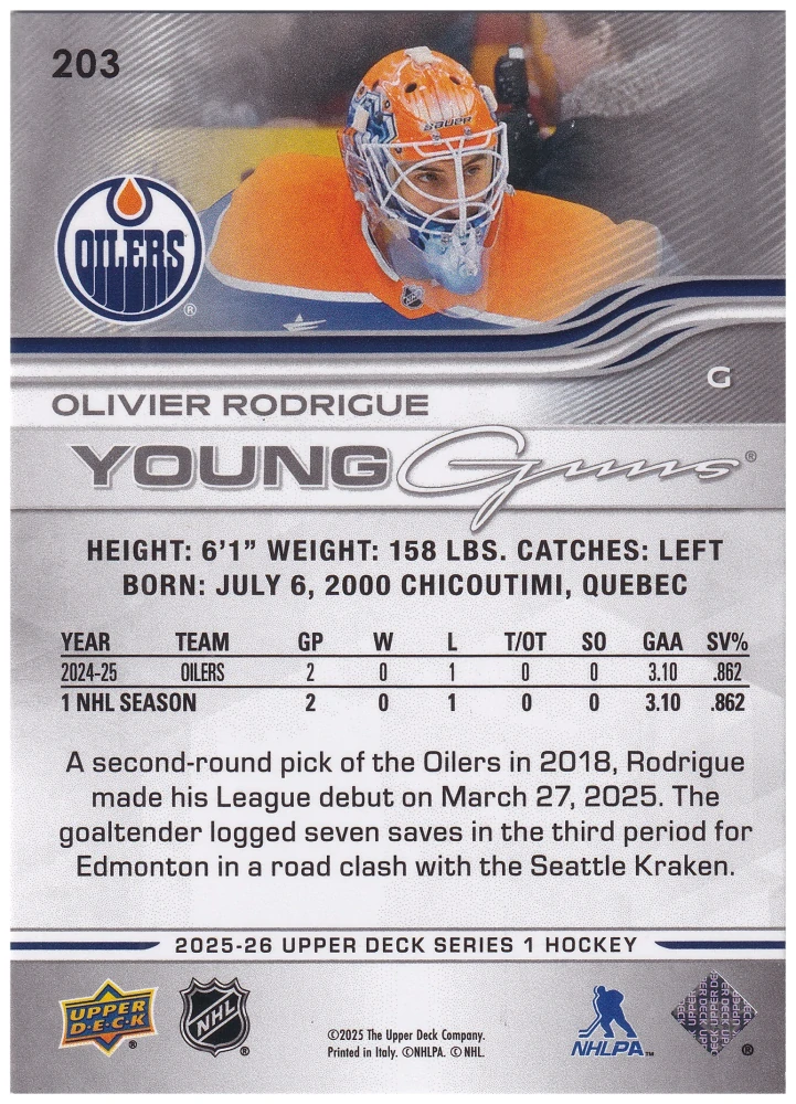 2025-26 UD Series 1 - Olivier Rodrigue - Young Guns #203