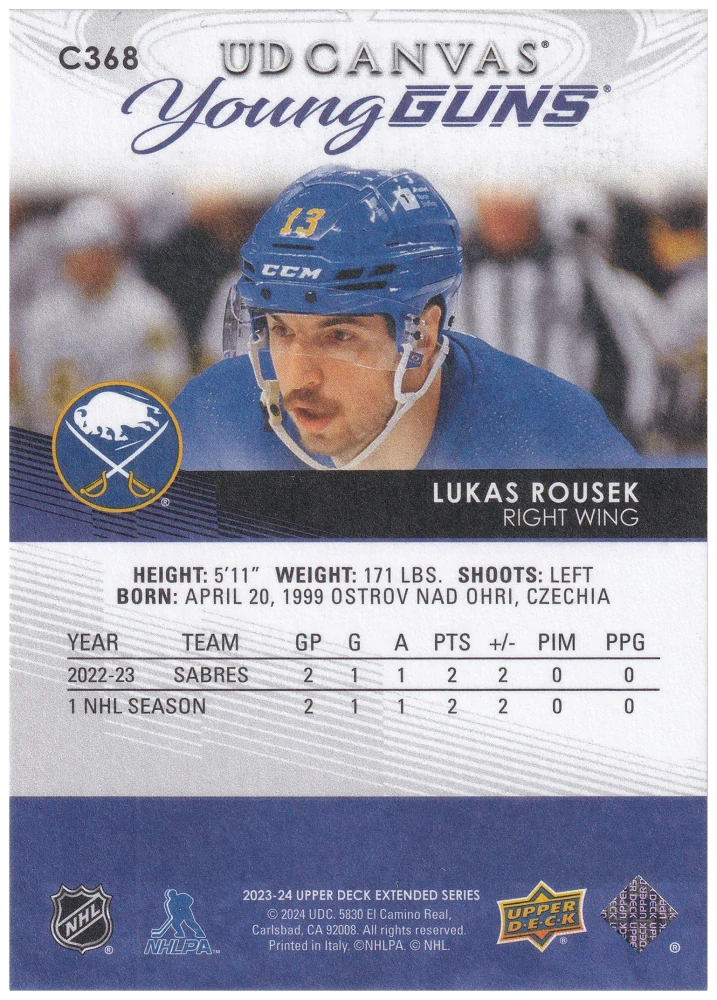 2023-24 UD Extended Series - Lukáš Rousek - Young Guns Canvas #C368