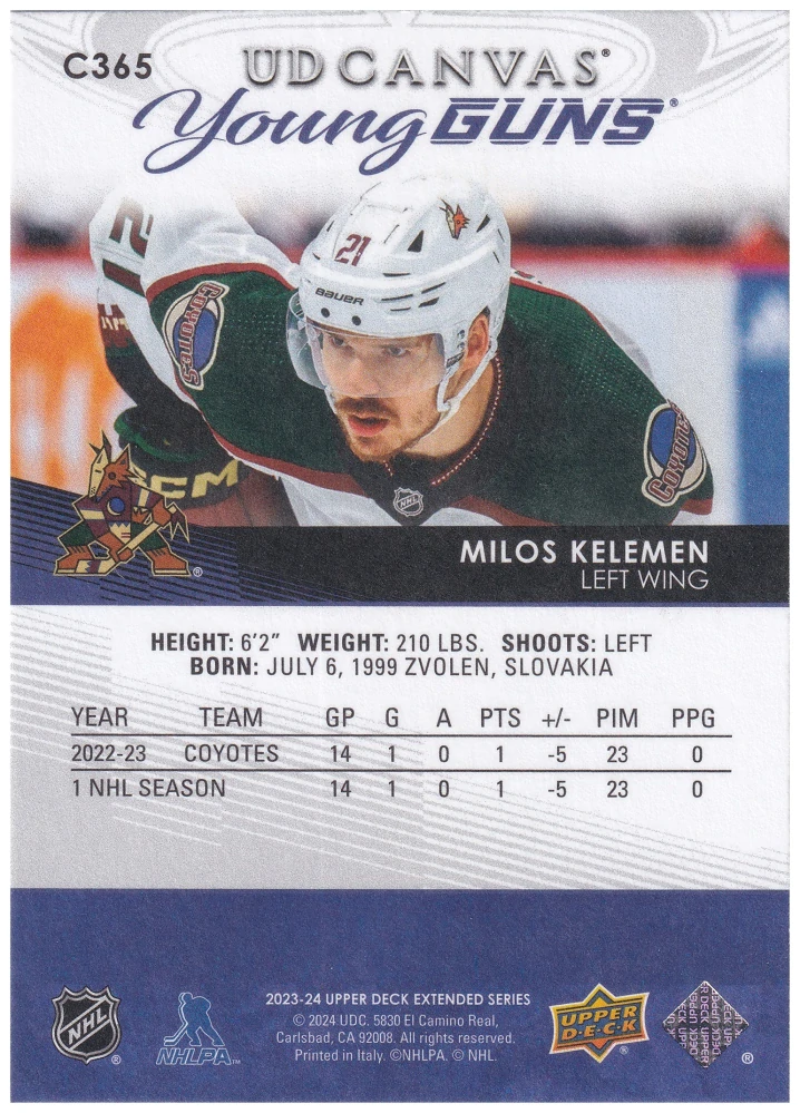 2023-24 UD Extended Series - Miloš Kelemen - Young Guns Canvas #C365