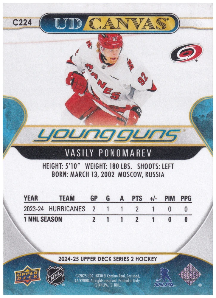 2024-25 UD Series 2 - Vasily Ponomarev - Young Guns Canvas #C224