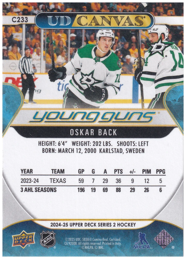 2024-25 UD Series 2 - Oskar Back - Young Guns Canvas #C233