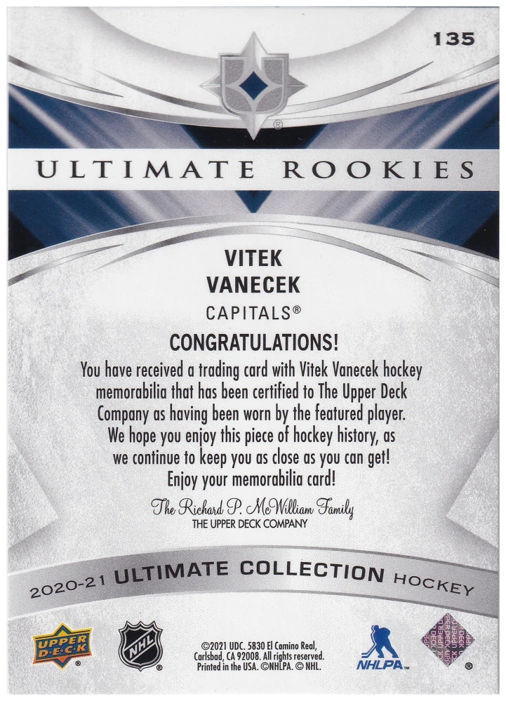 2020-21 UD Ultimate Collection - Vítek Vaněček - Jersey Relics /649 #135