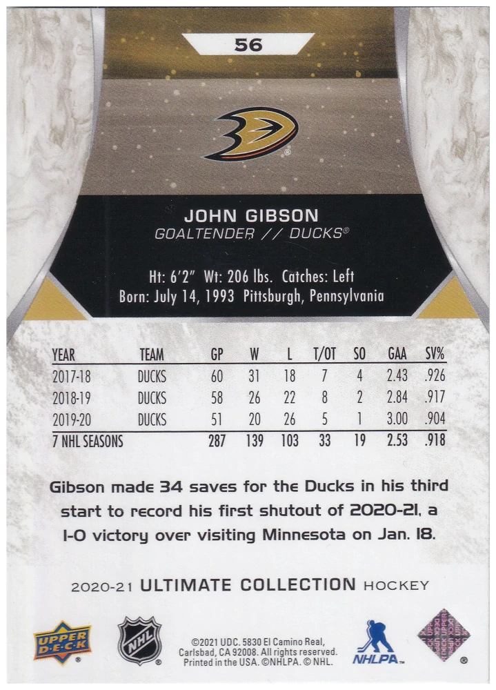 2020-21 UD Ultimate Collection - John Gibson - Gold /35 #56