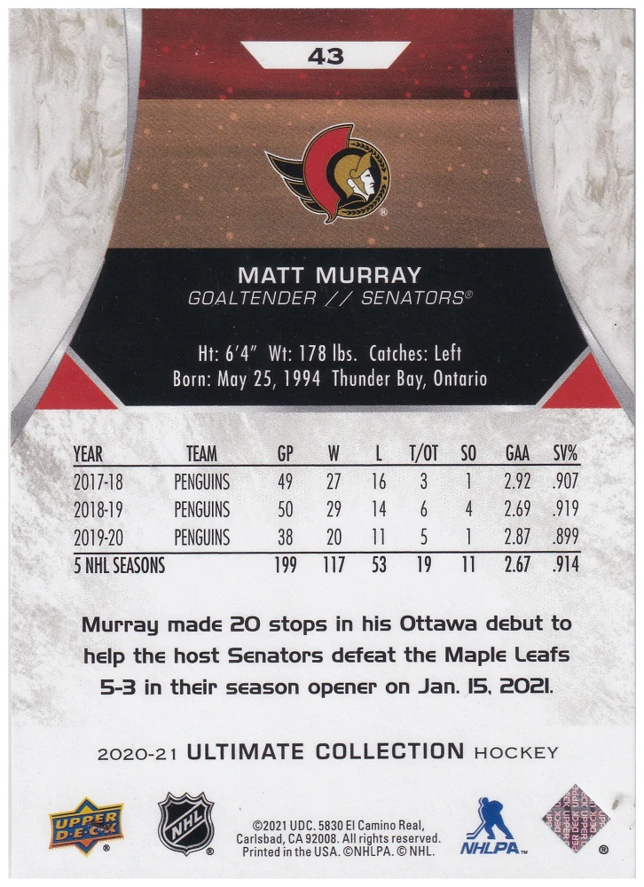 2020-21 UD Ultimate Collection - Matt Murray - Gold /35 #43