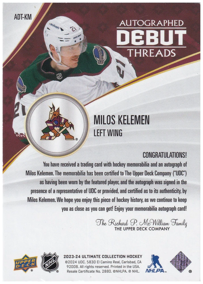 2023-24 UD Ultimate Collection - Miloš Kelemen - Autographed Debut Threads /99 #ADT-KM