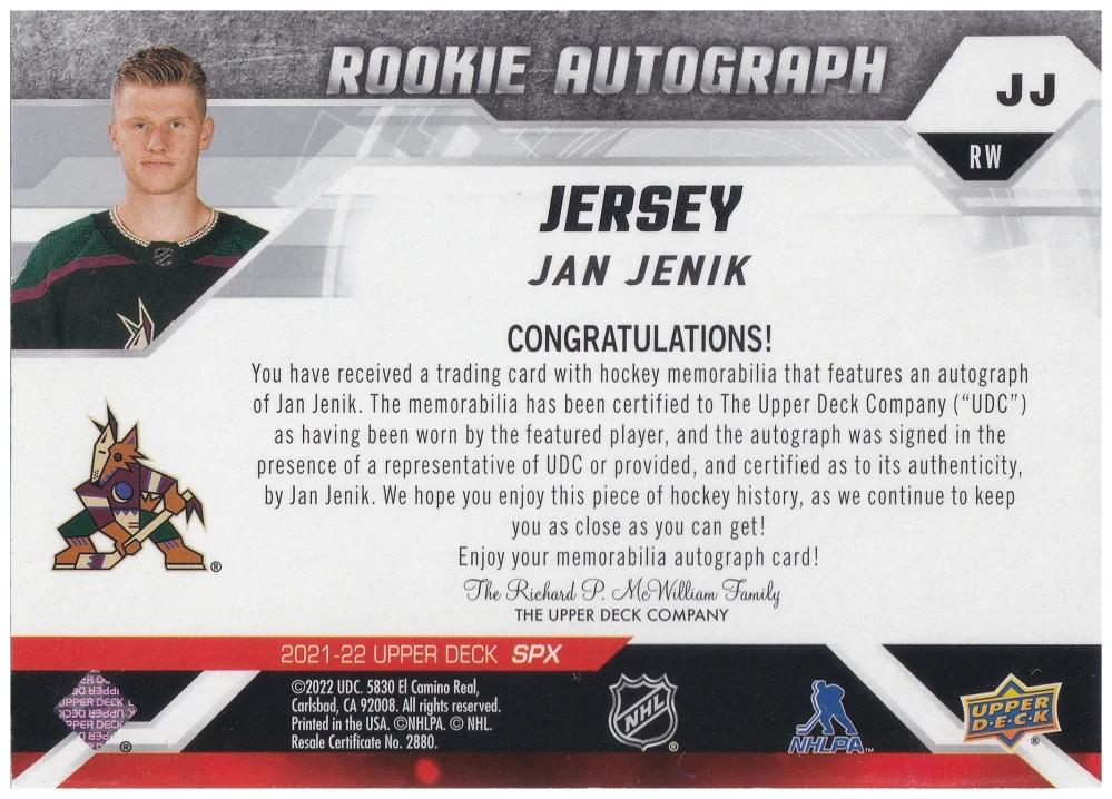 2021-22 UD SPx - Jan Jeník - Rookie Auto Jersey /375 #JJ