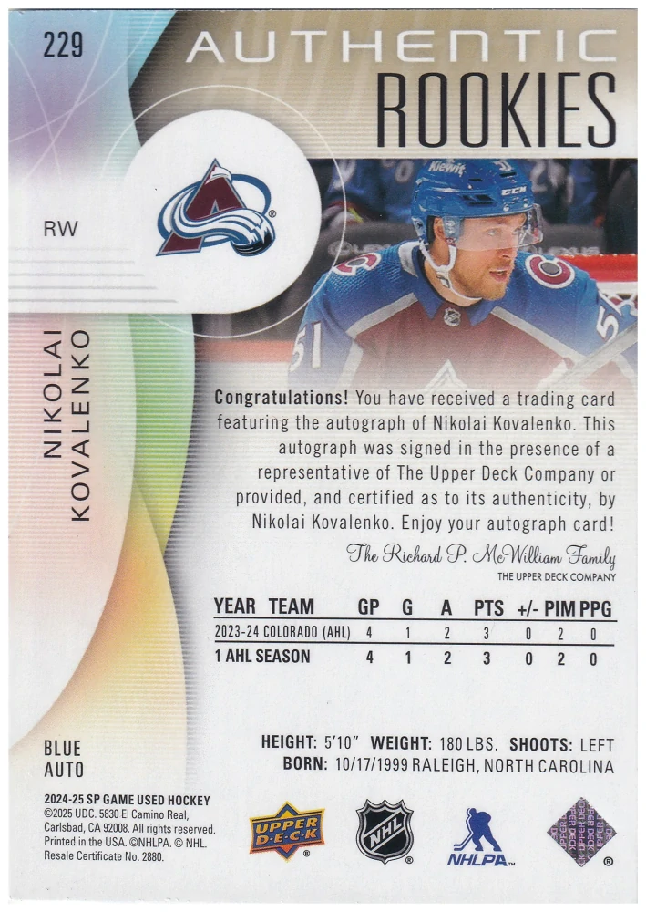 2024-25 UD SP Game Used - Nikolai Kovalenko - Authentic Rookies Blue Autograph #229