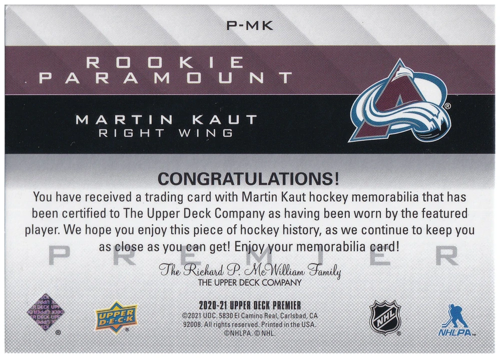 2020-21 UD Premier - Martin Kaut - Rookie Paramount Jersey Relics #P-MK