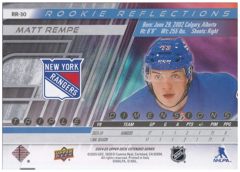 2024-25 UD Extended Series - Matt Rempe - Rookie Reflections #RR-30