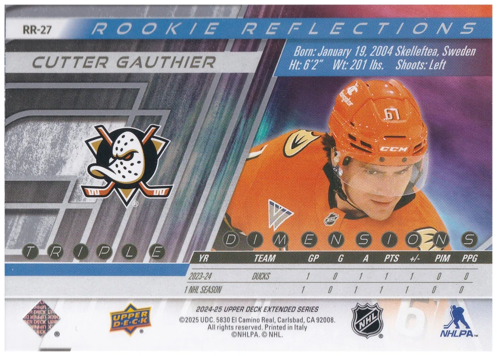2024-25 UD Extended Series - Cutter Gauthier - Rookie Reflections #RR-27