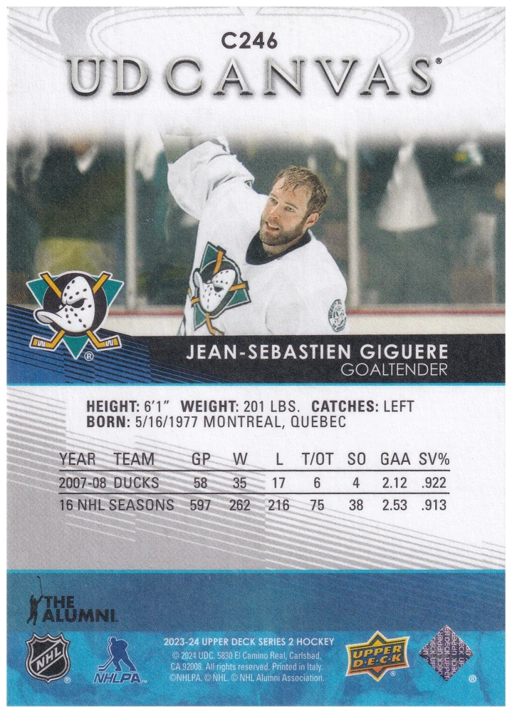 2023-24 UD Series 2 - Jean-Sebastien Giguere - Retired Stars Canvas #C246