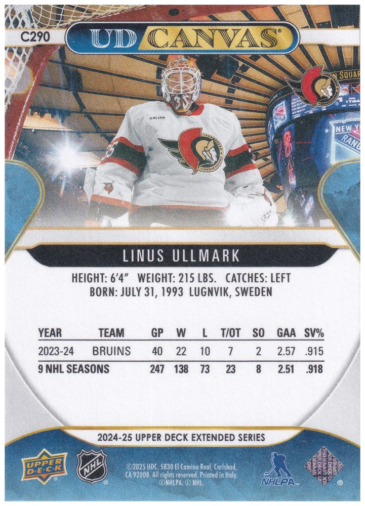 2024-25 UD Extended Series - Linus Ullmark - Canvas #C290