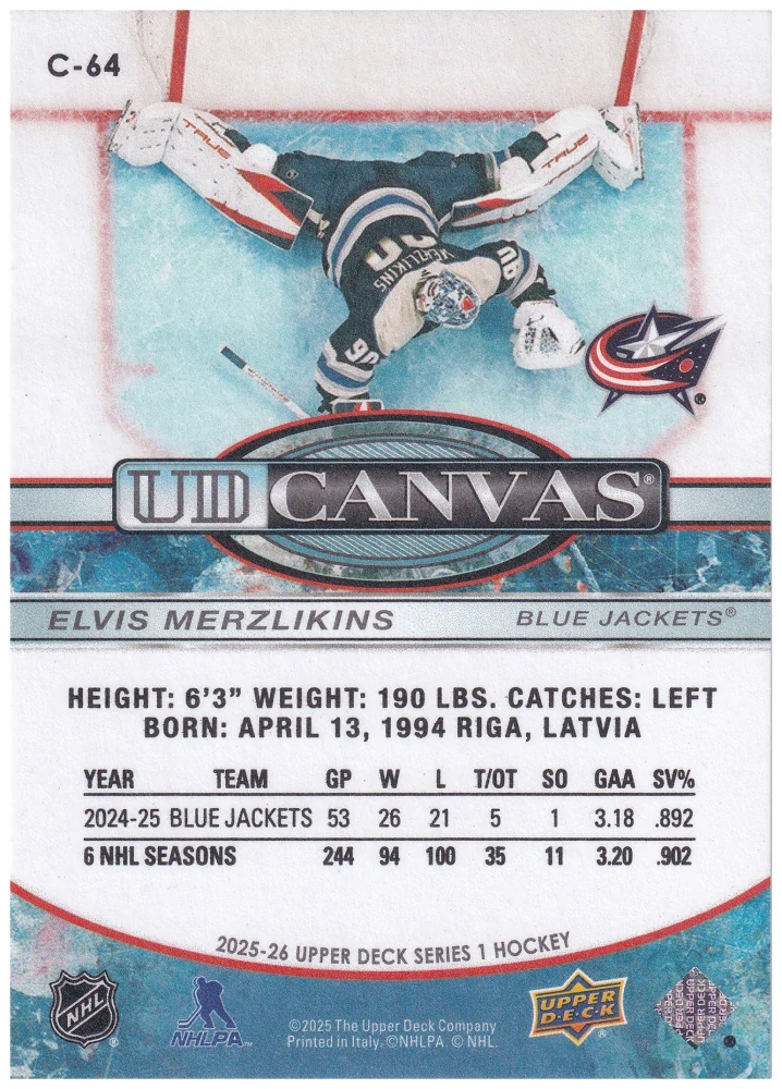 2025-26 UD Series 1 - Elvis Merzlikins - Canvas #C-64