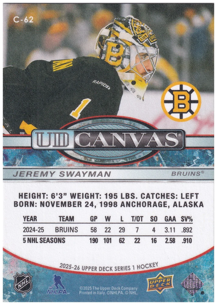 2025-26 UD Series 1 - Jeremy Swayman - Canvas #C-62