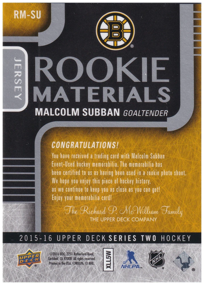 2015-16 UD Series 2 - Malcolm Subban - Rookie Materials #RM-SU