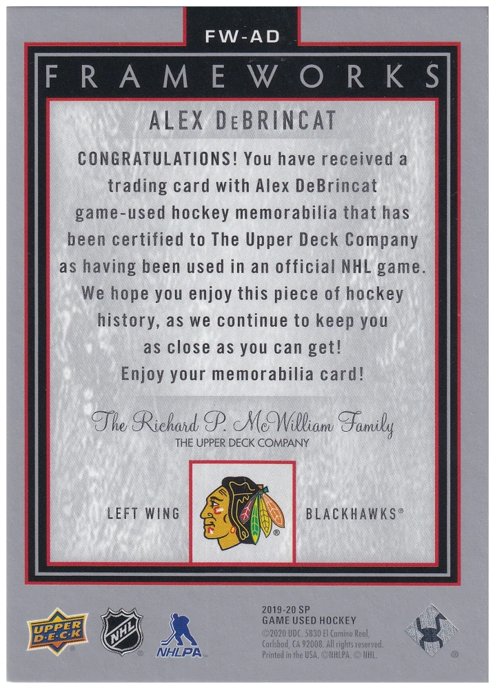 2019-20 UD SP Game Used - Alex DeBrincat - Frameworks #FW-AD