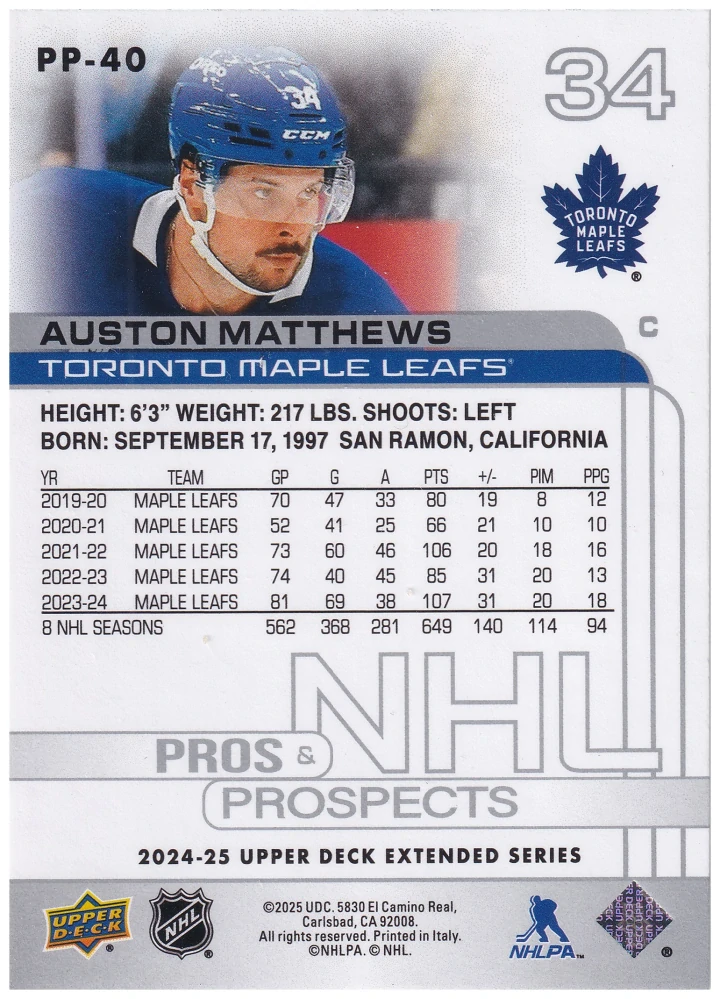 2024-25 UD Extended Series - Auston Matthews - Pros & Prospects #PP-40