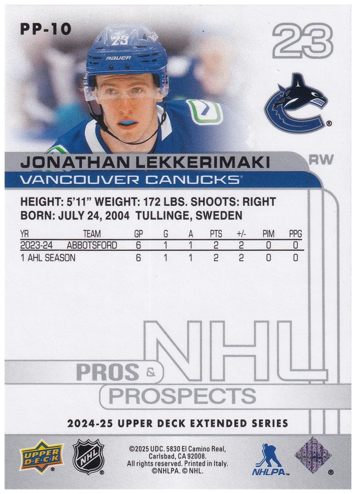 2024-25 UD Extended Series - Jonathan Lekkerimaki - Pros & Prospects #PP-10