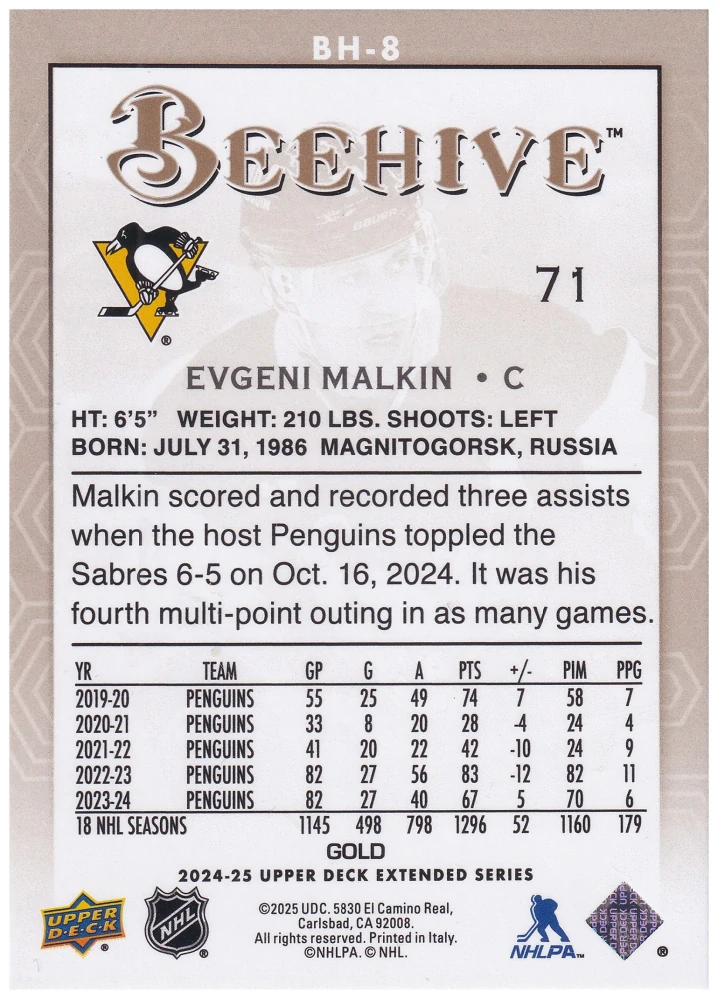 2024-25 UD Extended Series - Evgeni Malkin - Beehive Gold #BH-8
