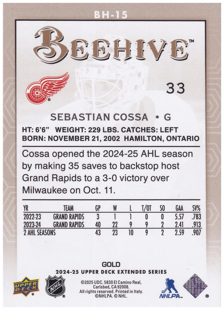2024-25 UD Extended Series - Sebastian Cossa - Beehive Gold #BH-15